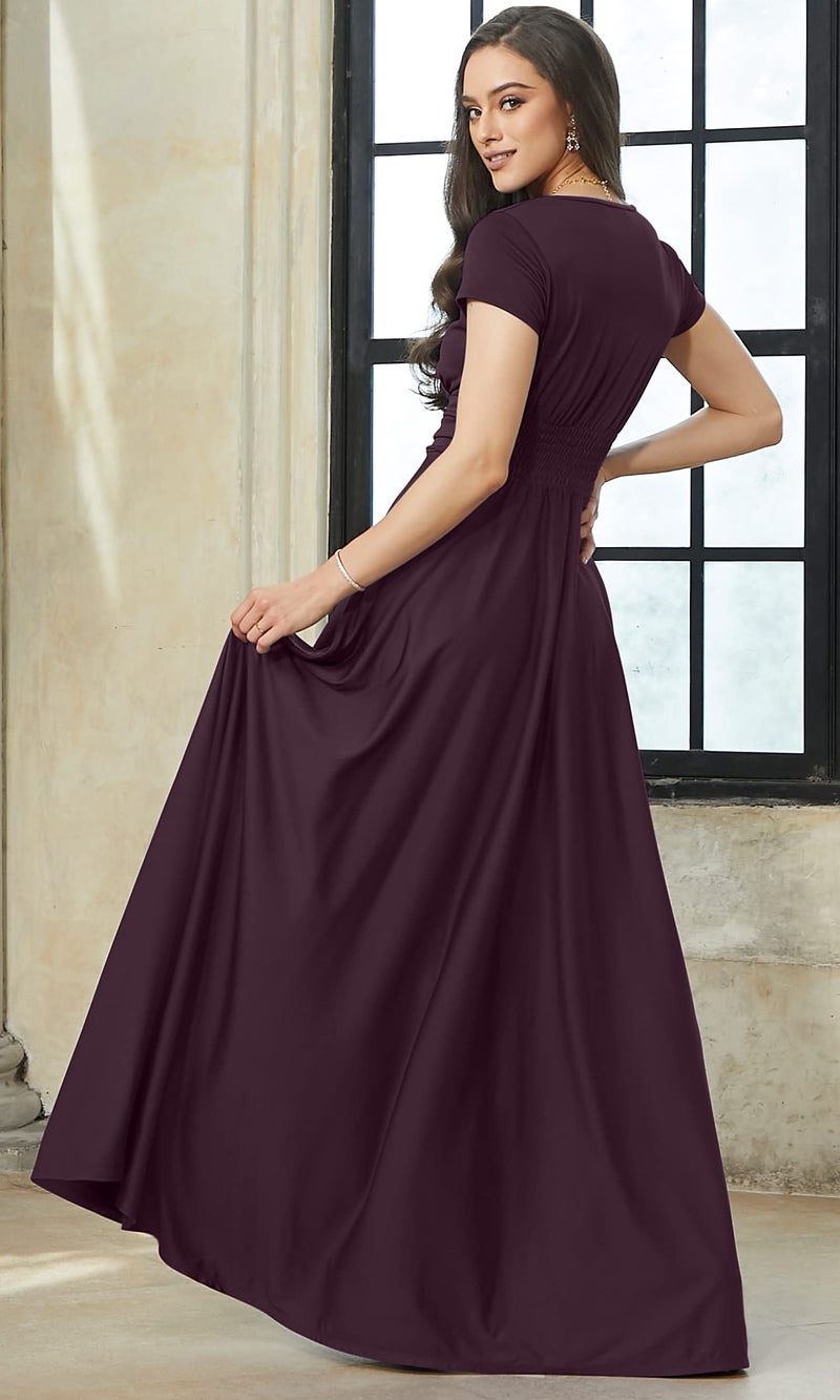 KOH KOH Plus Size Womenâ€™s Long Cap Short Sleeve Flowy Cocktail Semi Formal Prom Gala Black Tie Bridesmaid Wedding Guest Work Dressy Tall Gown Gowns Maxi Dress Dresses, Sangria Wine XL 14-16 - Image 4